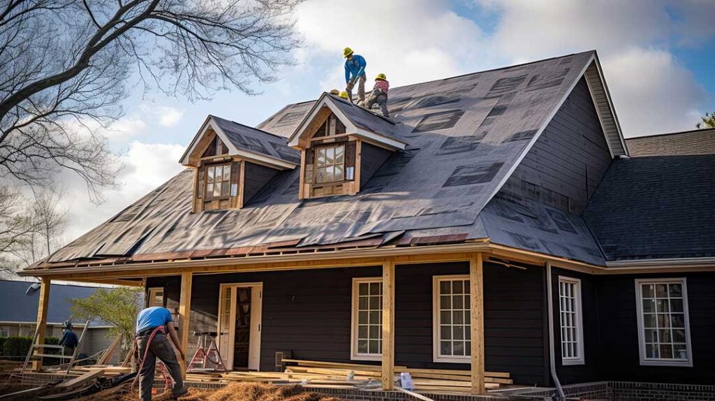 A homeowner examines roof shingles and attic ventilation from a safe ground-level position.