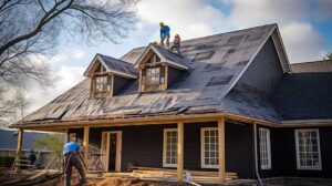 A homeowner examines roof shingles and attic ventilation from a safe ground-level position.
